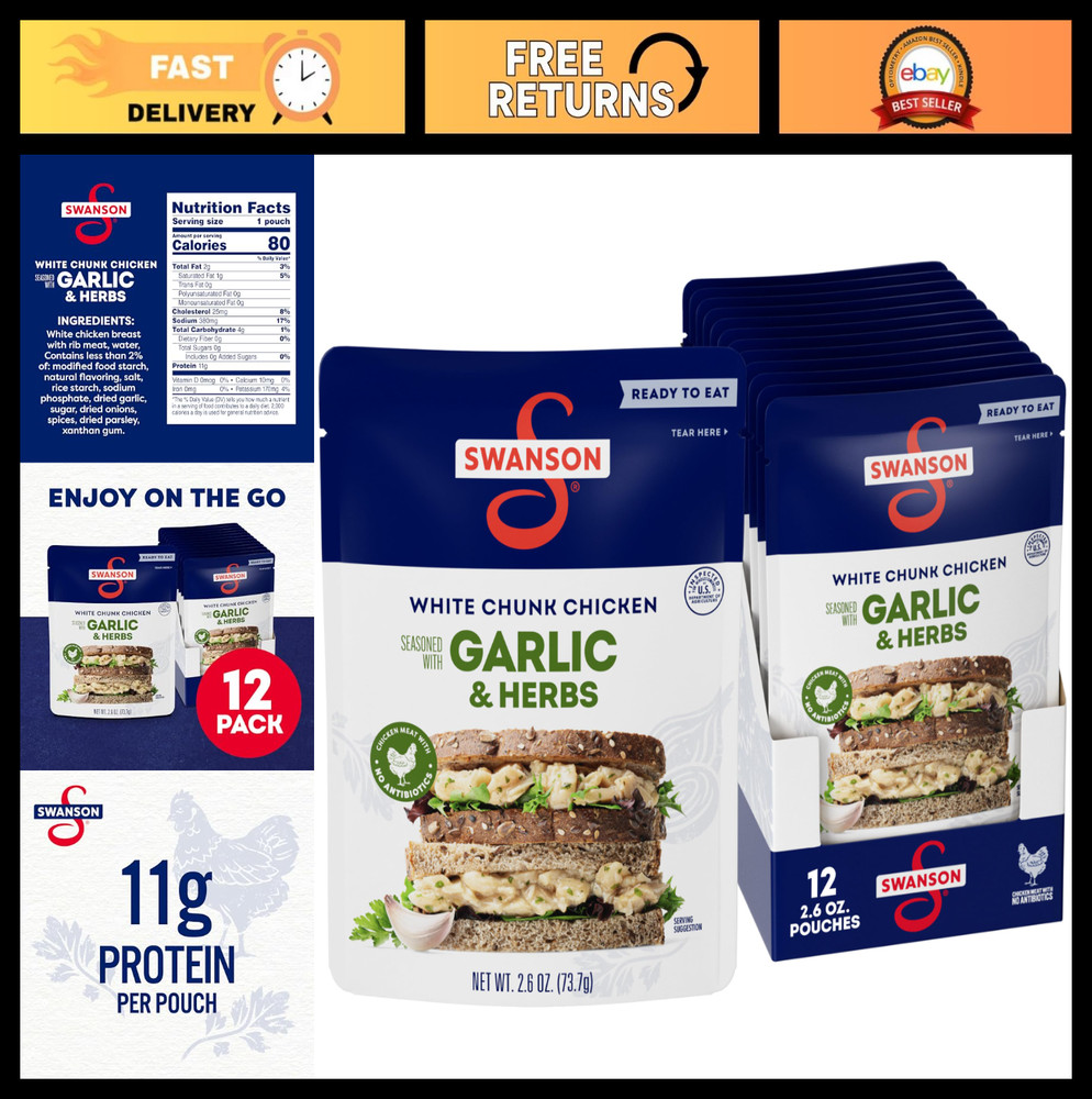 Fully Cooked Garlic & Herbs Chicken Pouch – Ready to Eat, On-the-Go Meals, 2.6 O