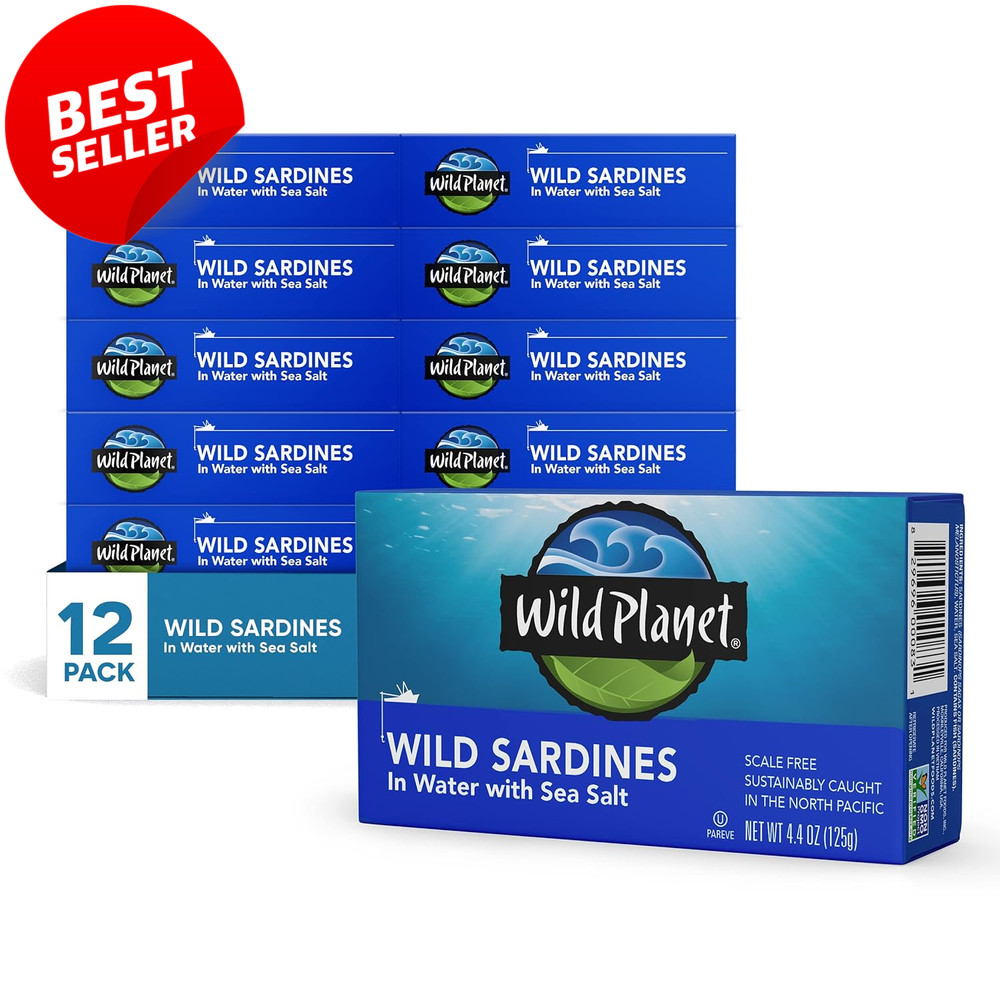 12pk Wild Sardines in Water 4.4oz Cans w/ Sea Salt Non-GMO Sustainable Fish – US