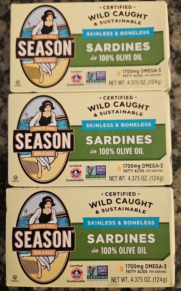 Season Skinless & Boneless Sardines in 100% Olive Oil – 4.375-Ounce (Pack of 3)