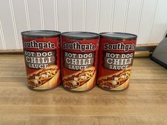 3 Cans of SOUTHGATE Hot Dog Chili Sauce 15oz Cans.. Exp. Date 2028.