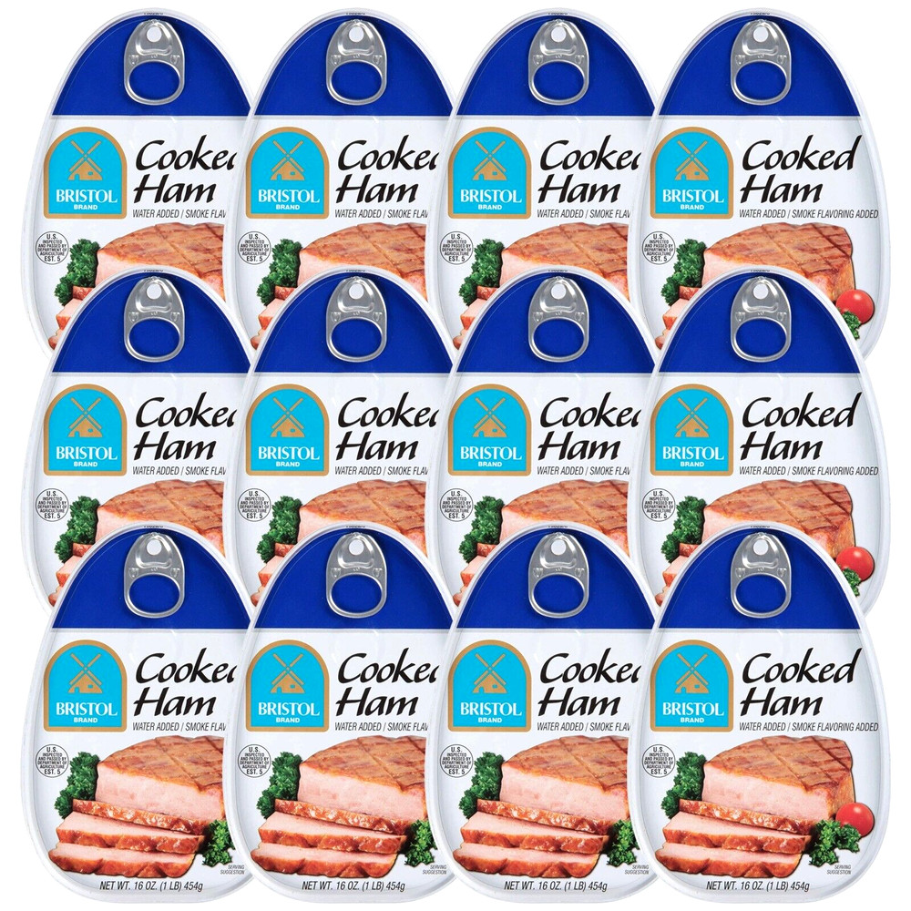 12 Pack Bristol Cooked Canned Ham 16oz Smoke Flavor Picnic Sandwich Meat