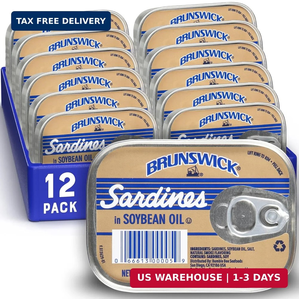 Brunswick Wild Caught Sardines in Soybean Oil, 3.75 oz Can (Pack of 12) – 14g Pr