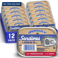 Brunswick Wild Caught Sardines in Soybean Oil, 3.75 oz Can (Pack of 12) – 14g Pr