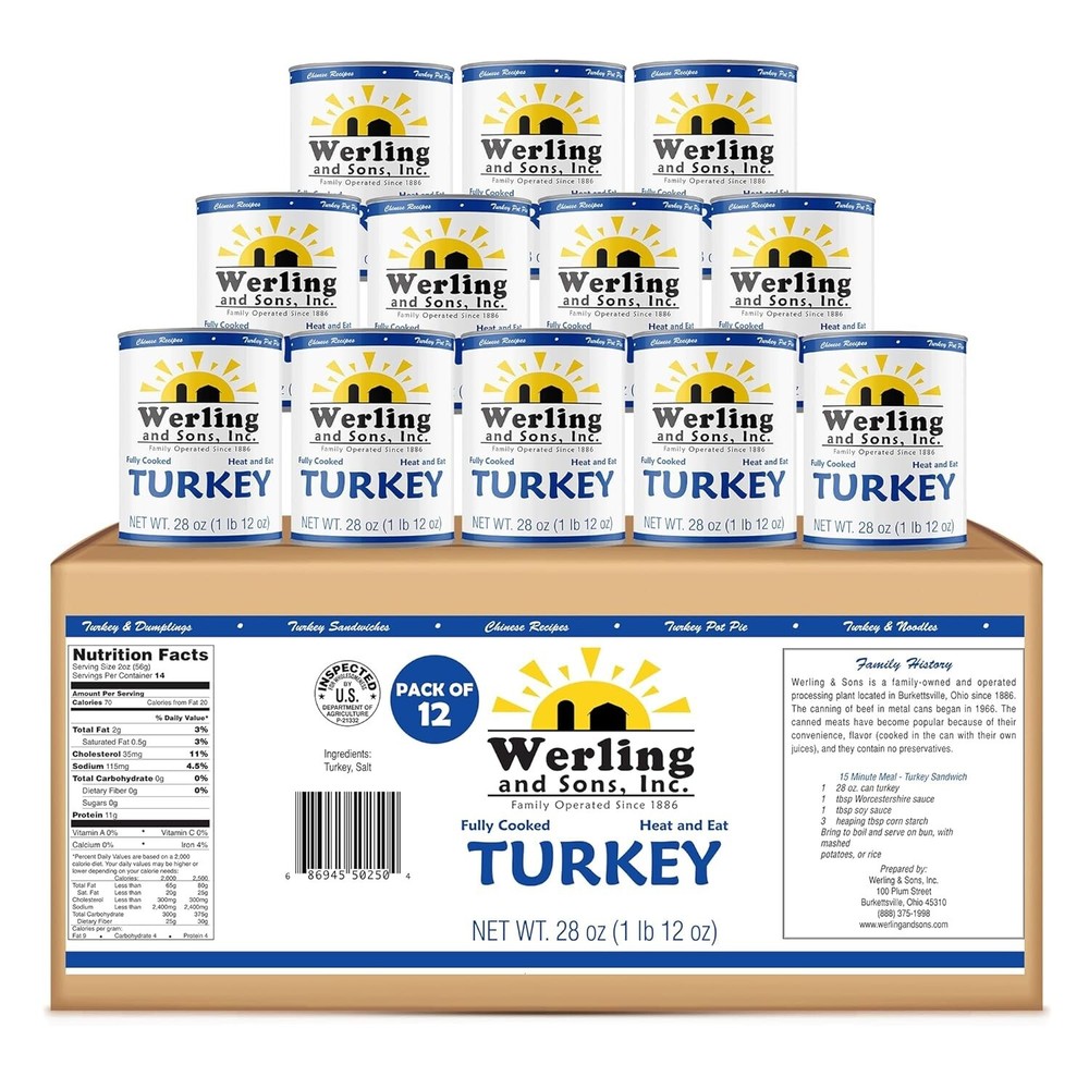 12 Cans Pack – Werling & Sons Fully Cooked Canned Turkey Meat 28 Oz Heat & Eat