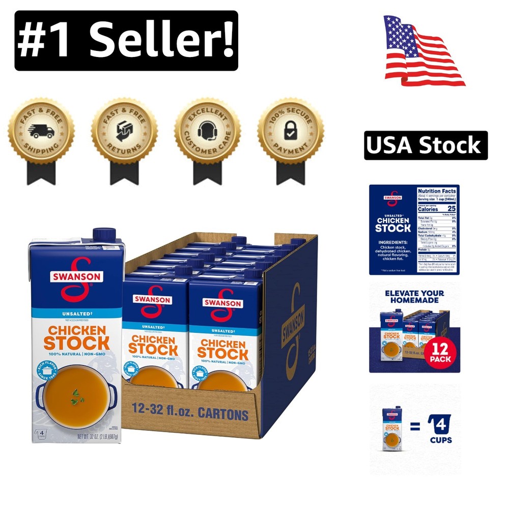 Swanson 100% Natural Unsalted Chicken Stock, 32 Oz (12 Pack) for Holiday Meals