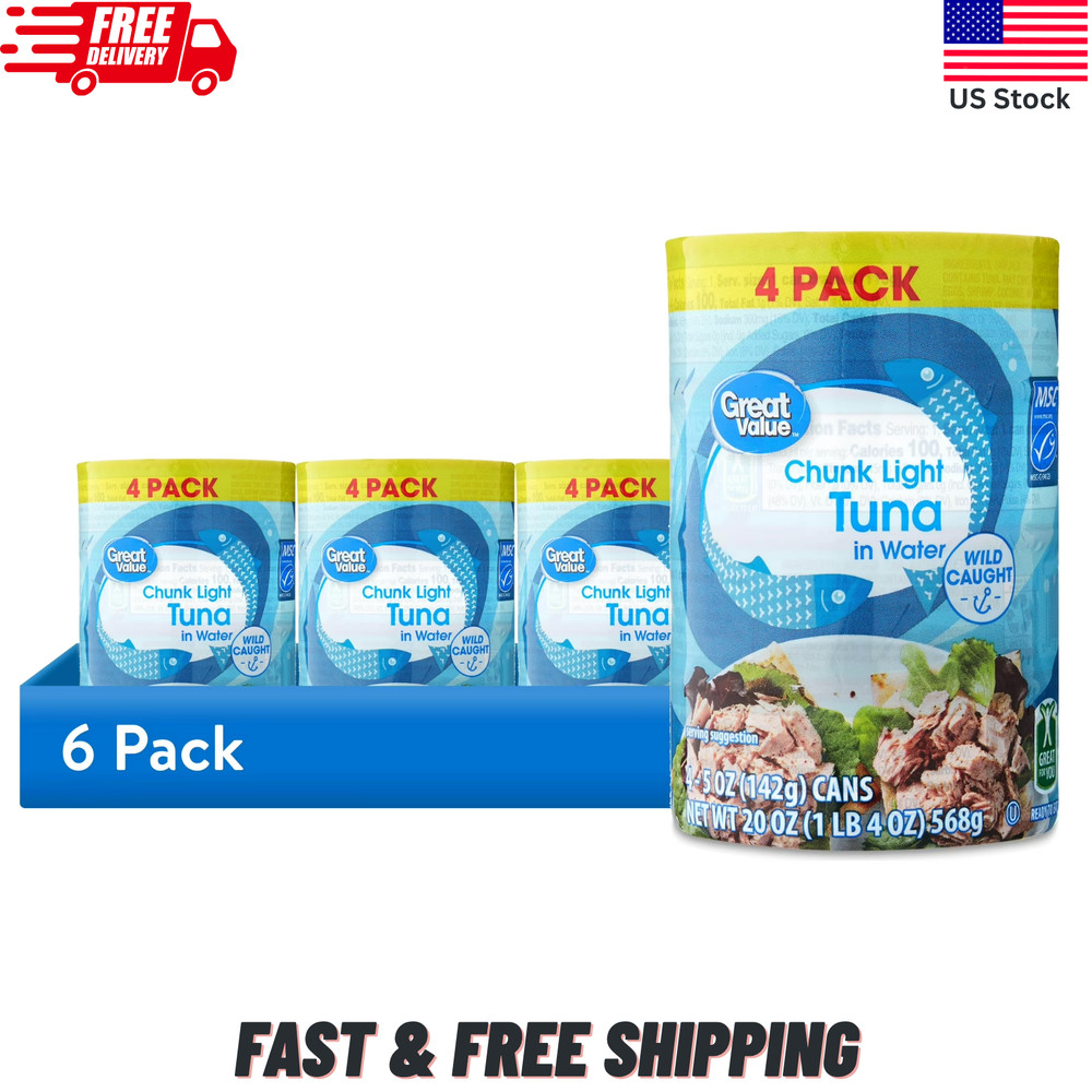 (24 Cans) Great Value Chunk Light Tuna in Water – 6 Packs of 4 – 5 oz Cans – NEW