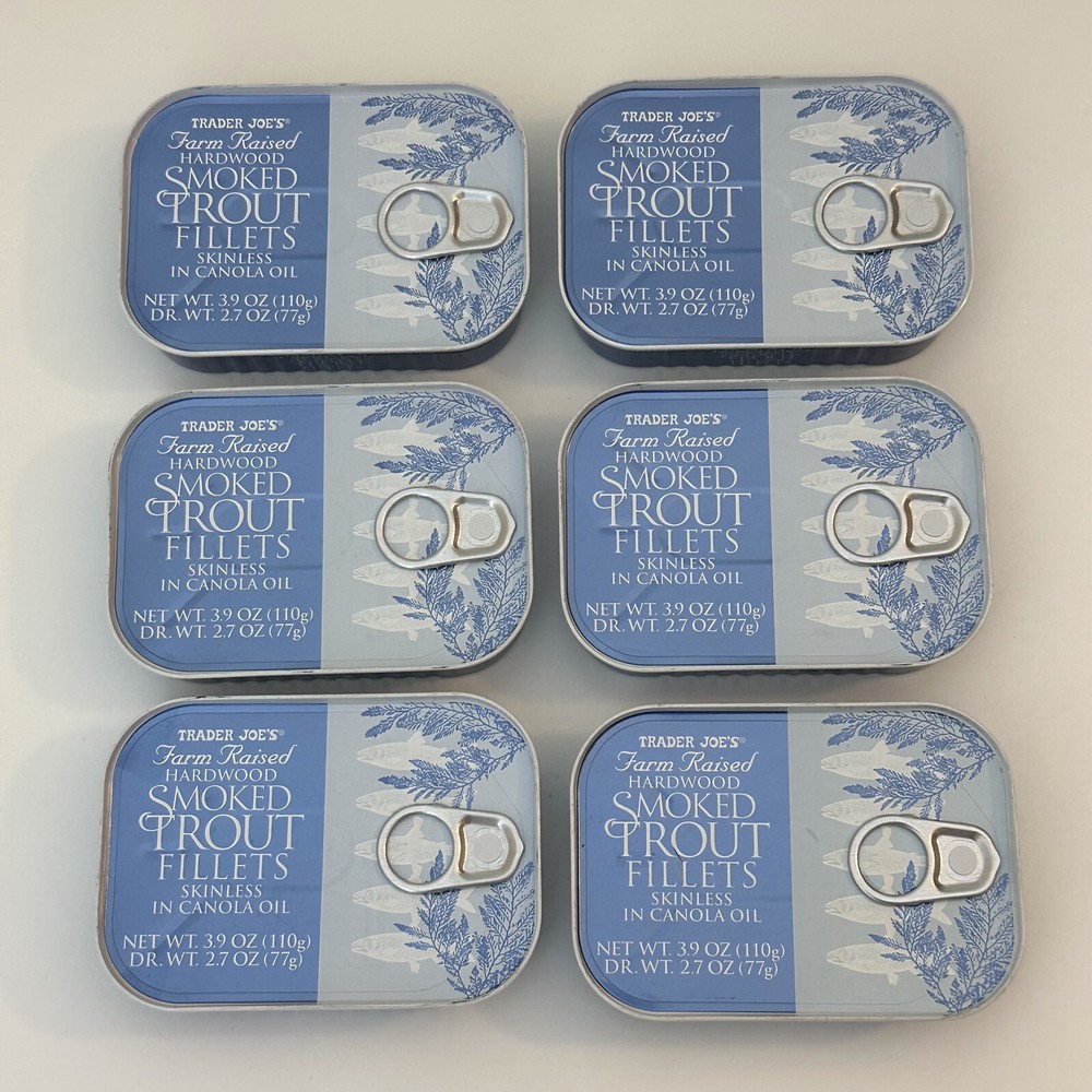 6x Trader Joe’s Smoked Trout Fillets in Oil Skinless 3.9 oz Each Tin Exp 12/2028