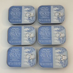 6x Trader Joe’s Smoked Trout Fillets in Oil Skinless 3.9 oz Each Tin Exp 12/2028