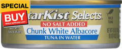 Selects No Salt Added Chunk White Albacore Tuna in Water – 4.5 oz Can (Pack of 5