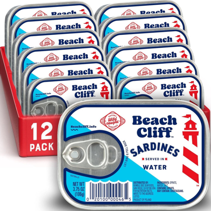Beach Cliff Sardines in Water, Wild Caught, 3.75 oz Can, Pack of 12