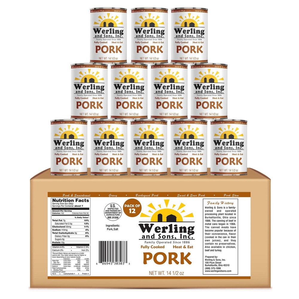 Werling & Sons Canned Pork 14.5 Oz – Fully Cooked Heat & Eat Pack of 12