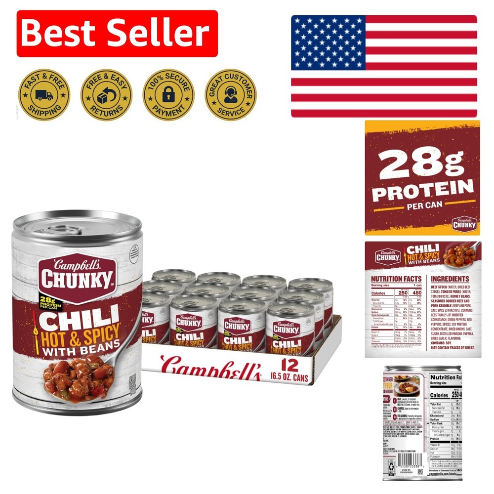 Hearty Hot & Spicy Chili with Beans, 16.5 oz Can – 12 Pack for Quick Meals