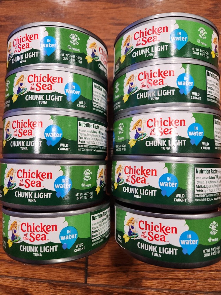 10 CANS CHICKEN OF THE SEA WILD CAUGHT CHUNK LIGHT TUNA IN WATER NET WT 5 OZ EA.