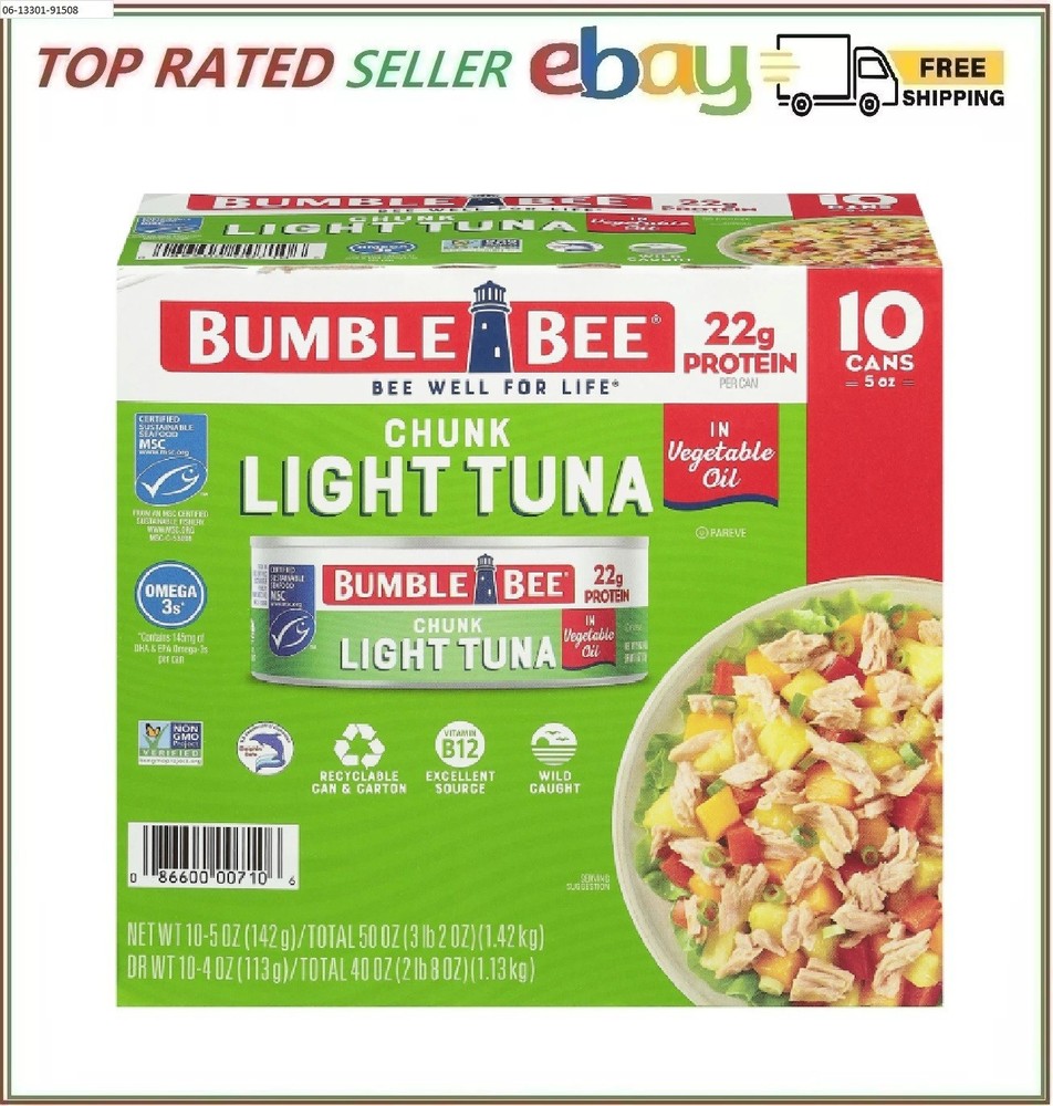 Bumble Bee Chunk Light Tuna in Oil 5oz Cans, 10-Pack Protein Rich Seafood.