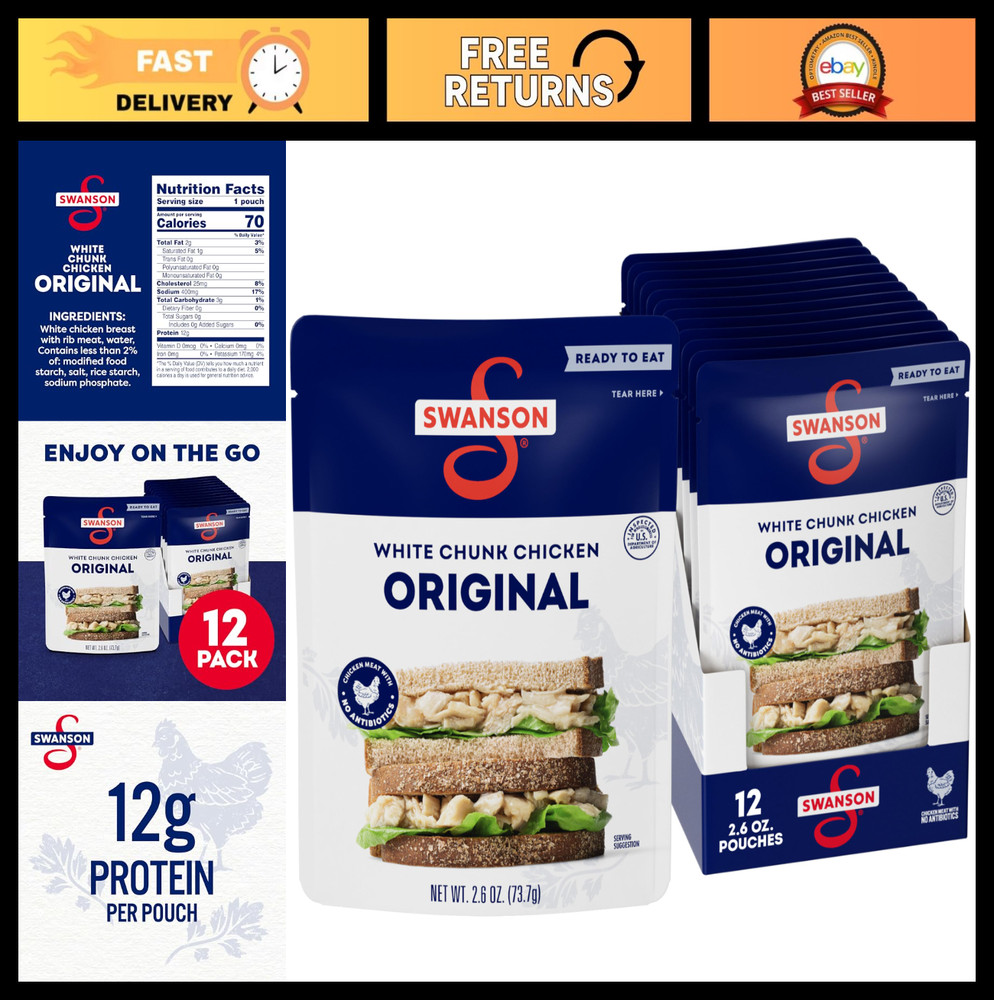 Fully Cooked White Chunk Chicken Pouch – Ready to Eat, On-the-Go Meals, 12 Pack