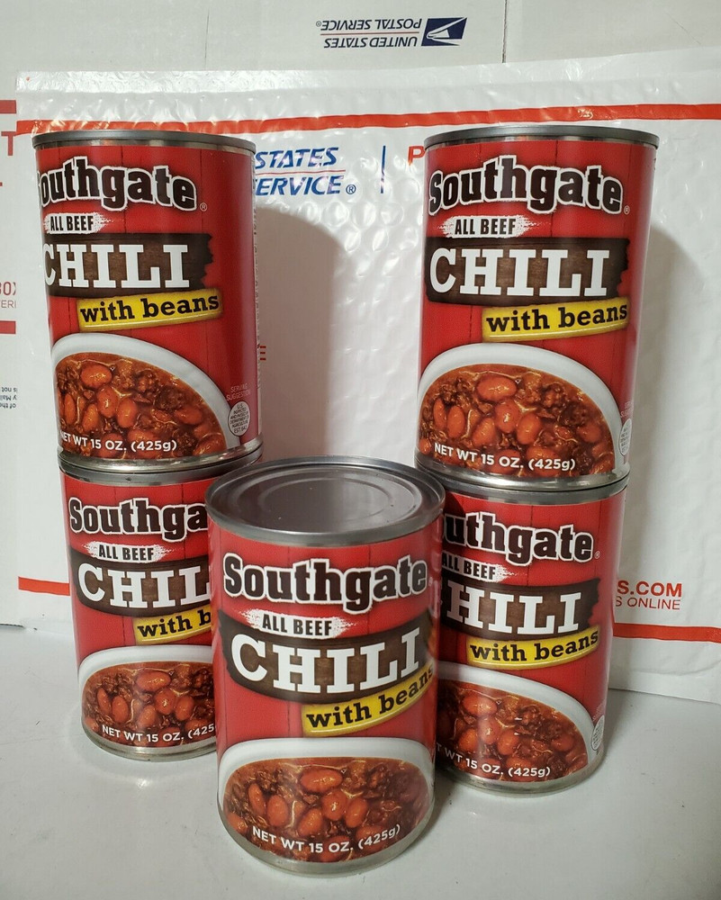 5 Cans SOUTHGATE All Beef CHILI With Beans- Best by 2/2028 – 15 oz/Cans