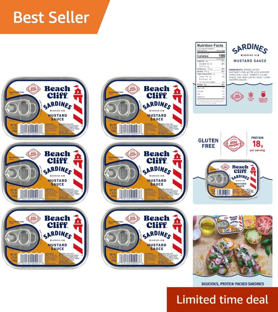 Delicious Mustard Sauce Sardines – High Protein & Gluten Free, Set of 6 Cans