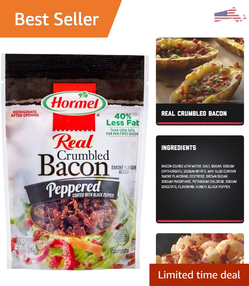 Savory Peppered Bacon Crumbles – 40% Less Fat, Fully Cooked – 3 oz Pouch, 8