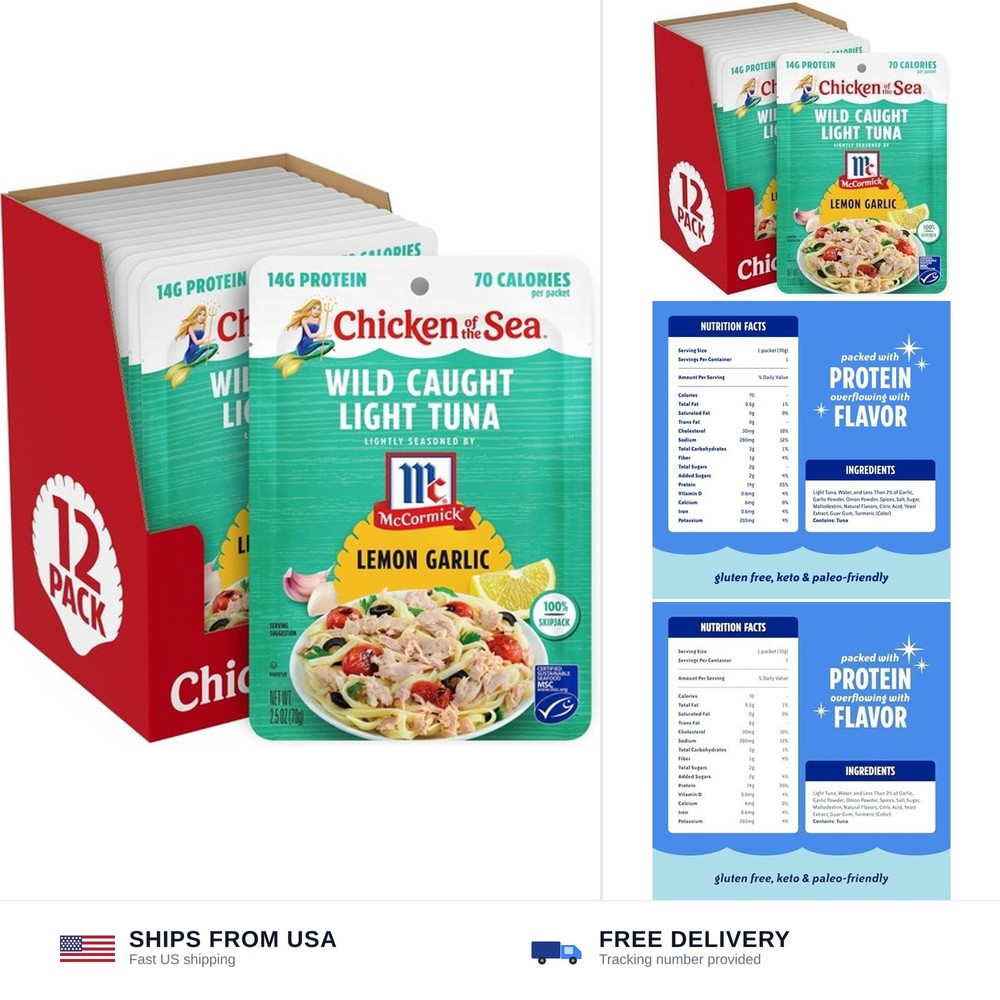 Chicken of the Sea Lightly Seasoned Lemon Garlic Wild Caught Light Tuna, 2.5 …