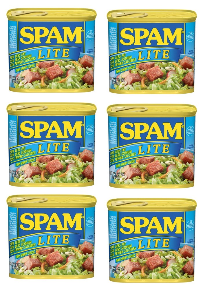 6 Pack SPAM Lite 50% less fat, 25% less sodium and 33% Fewer calories 12 oz Cans