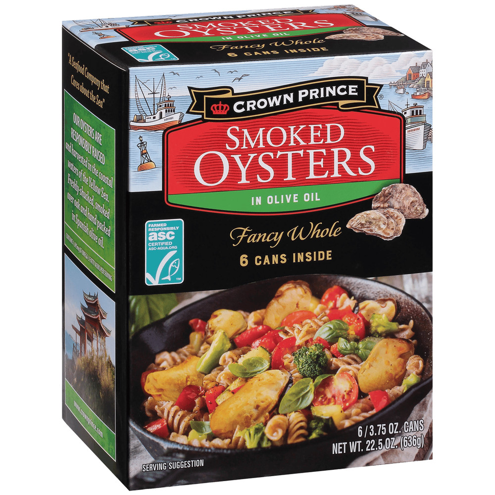 SMOKED OYSTERS IN OLIVE OIL, FANCY WHOLE, CROWN PRINCE, 6 CANS 22.5 OZ TOTAL