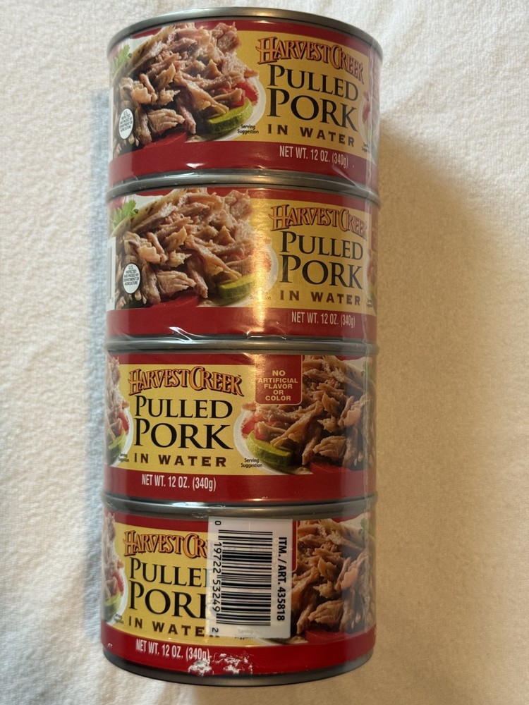4 Cans Harvest Creek Pulled Pork in Water, Fully Cooked , 12 oz each