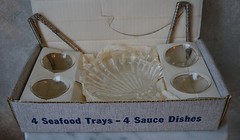 Vintage Federal Glass Beachcomber Seafood Set in original box, set 4 Tray Dish