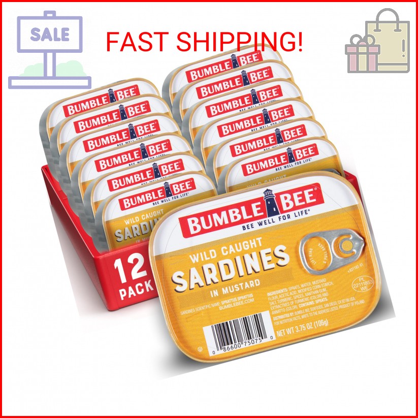 Bumble Bee Sardines in Mustard Sauce, 3.75 oz Tin (Pack of 12) – Wild Caught, Gl