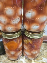 Homemade Pickled Eggs Jarred with Spices and Vegetables Pantry Style Egg Snack