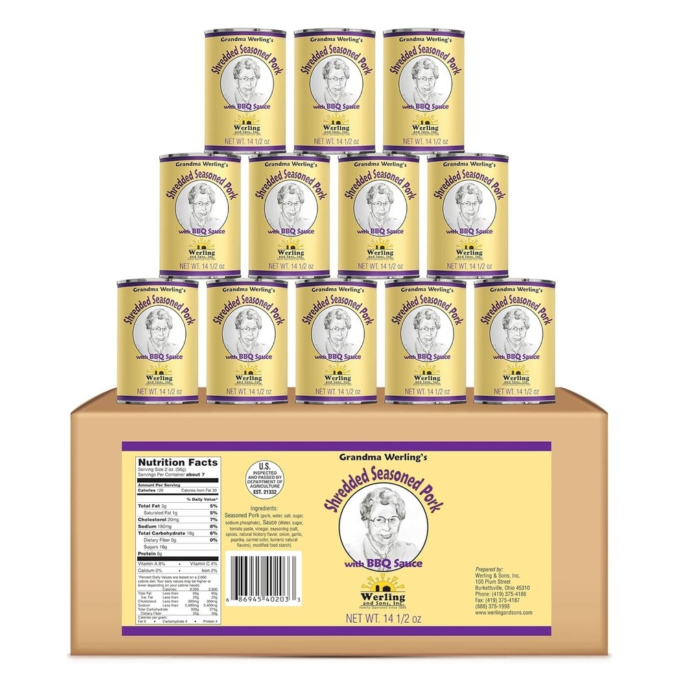 12 Cans – Grandma Werling’s Shredded Seasoned Pork with BBQ Sauce 14.5 Oz Cooked