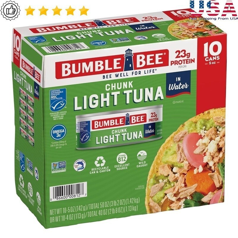 10 Pack Chunk Light Tuna in Water High Protein Canned Seafood Snack Gluten Free