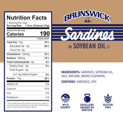 Brunswick Wild Caught Sardines in Soybean Oil, 3.75 Oz Can (Pack of 12) – 14G Pr