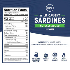 Sardines in Water with No Salt Added, 3.75 Oz Tin (Pack of 12) – Wild Caught, Gl