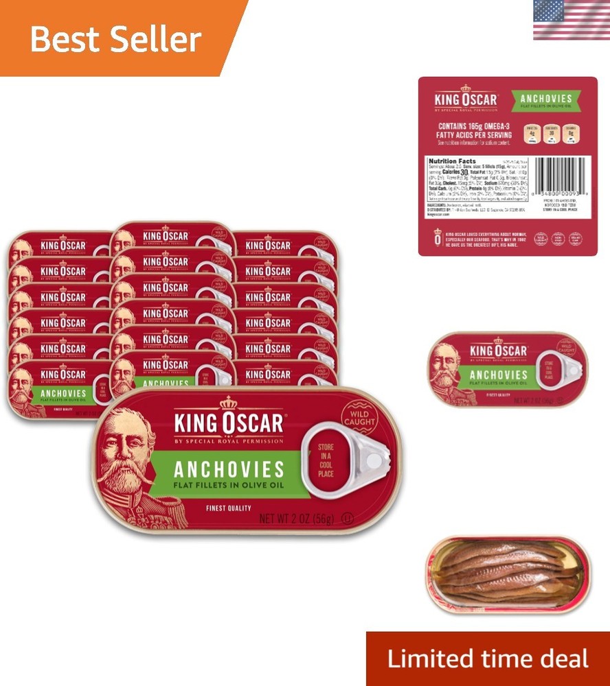 Wild Caught Anchovies in Olive Oil, 18-Pack of 2 Ounce Cans, Savory Gourmet F…