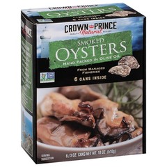 Natural Smoked Oysters Hand Packed in Olive Oil, 3 Ounce Cans (Pack of 6)
