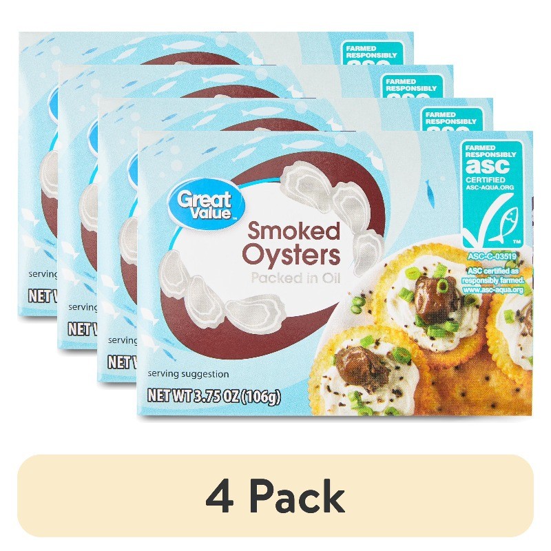 (4 pack) Great Value Smoked Oysters, 3.75 oz