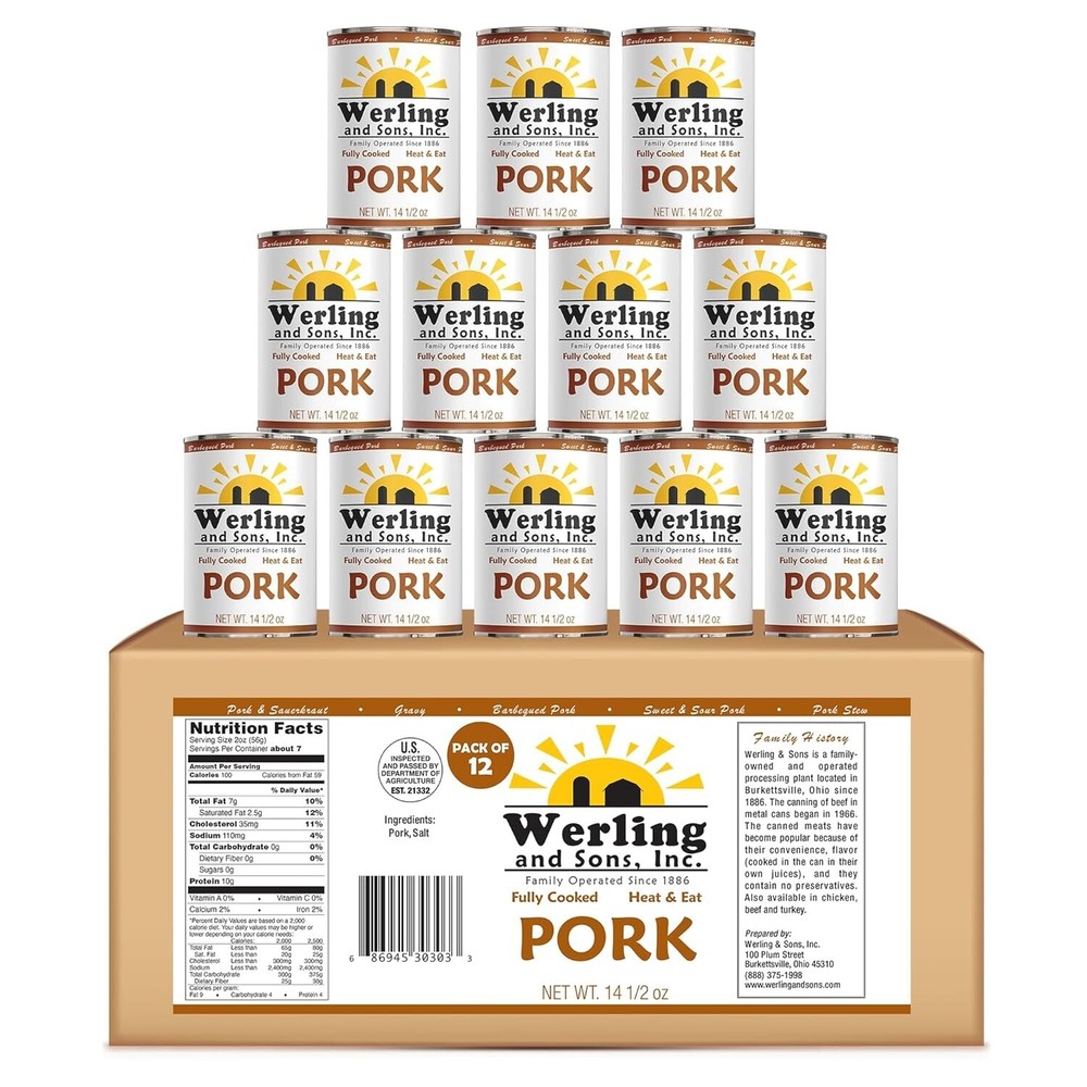 12 Can- Werling & Sons Canned Pork 14.5 Oz Fully Cooked Ready to Eat Canned Meat