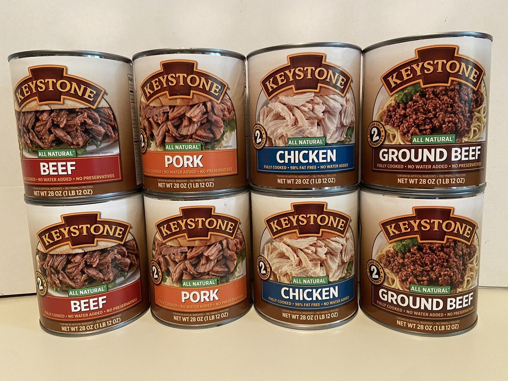 Keystone Ground Beef, Natural Beef, Pork & Chicken 8 28oz cans 2 of each variet