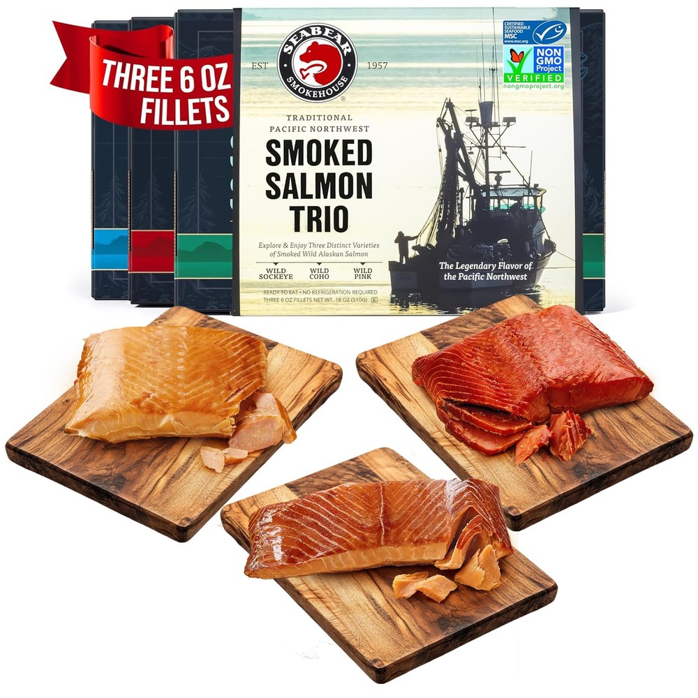 SeaBear Smoked Salmon Trio 18oz (3 x 6oz) Fillets Gift 18 Ounce (Pack of 1)