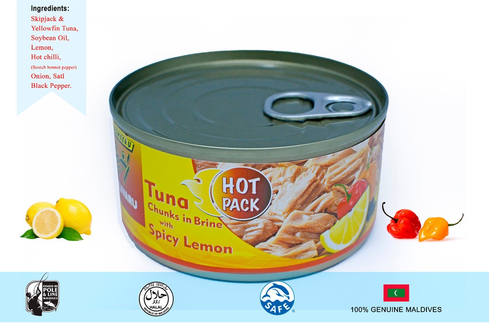 6 x Tuna in chunks in brine with spicy (scotch bonnet), lemon tuna canned