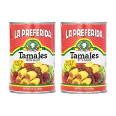 Canned Tamales Beef Pork 15 Oz Pack of 2 Ready to Eat Mexican Red Sauce