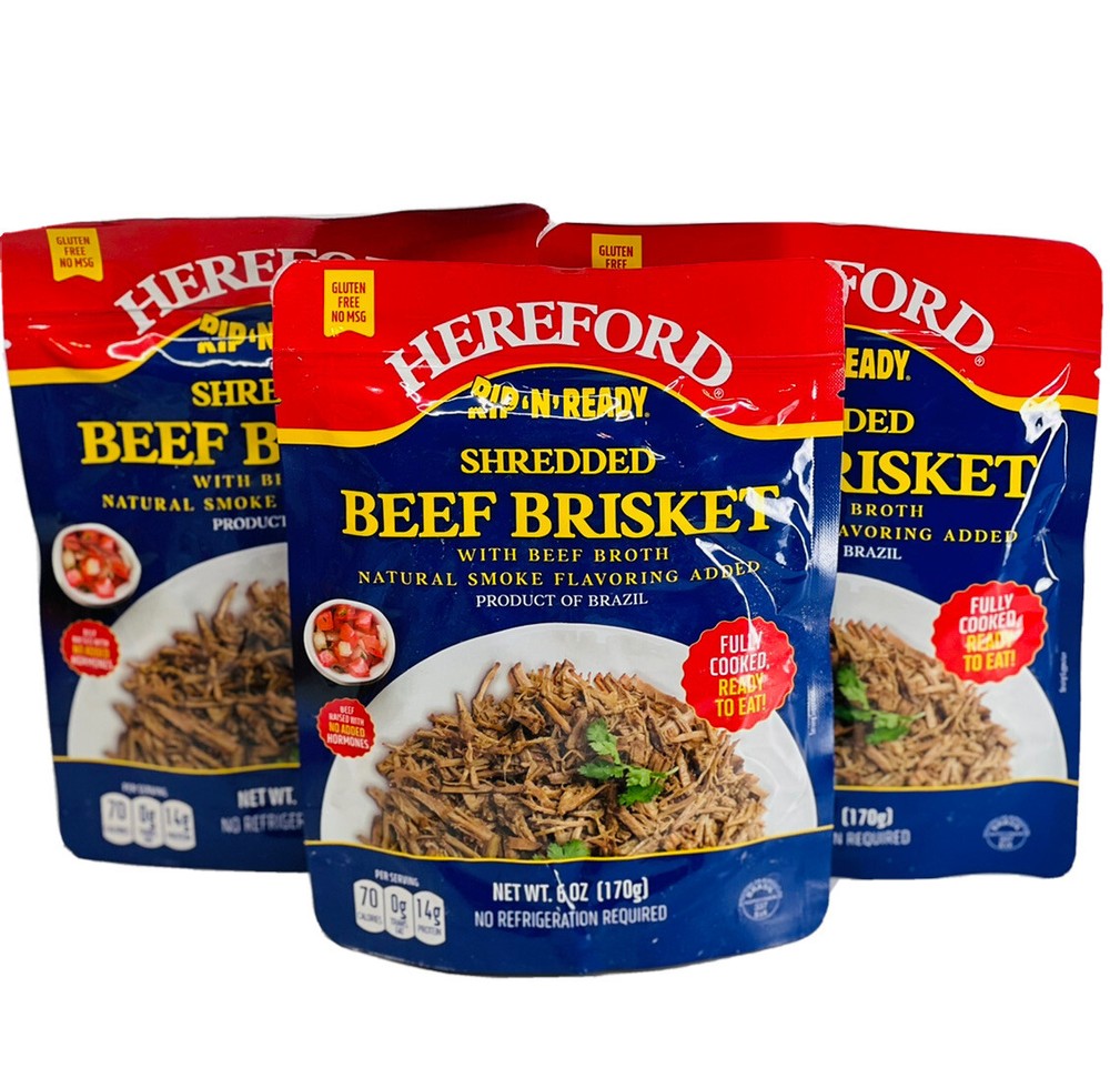 Hereford Shredded Beef Brisket & Beef Broth Ready to Eat Meat 3 Pouches 10/2026