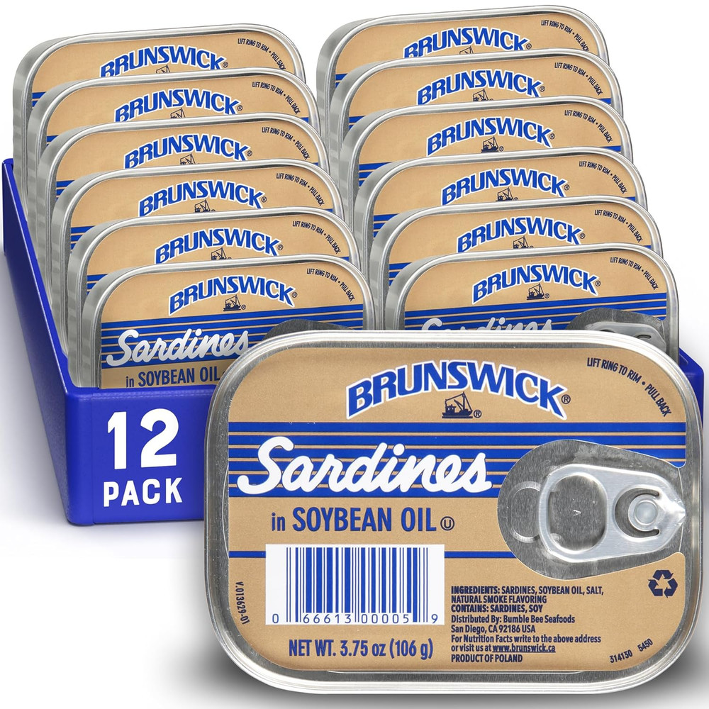 Brunswick Wild Caught Sardines in Soybean Oil, 3.75 Oz Can (Pack of 12) – 14G Pr