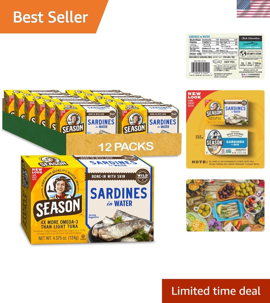Delicious Wild Caught Sardines – 22g Protein, Gluten-Free, Canned Water, 12-Pack
