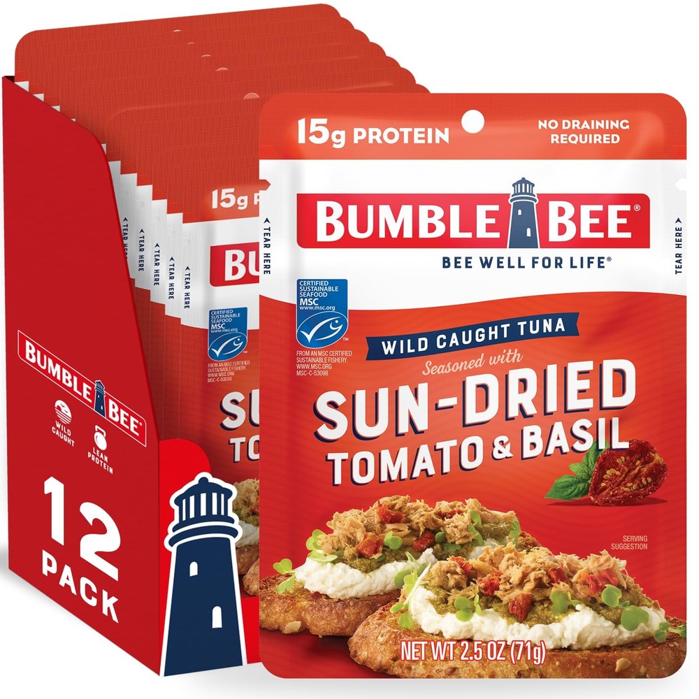 Sun-Dried Tomato Basil Seasoned Tuna 2.5 oz Pouches Pack 12 Wild Caught 15g