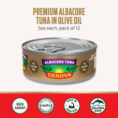 Genova Premium Albacore Tuna in Olive Oil, 5 Oz. Cans (Pack of 12), Wild Caught