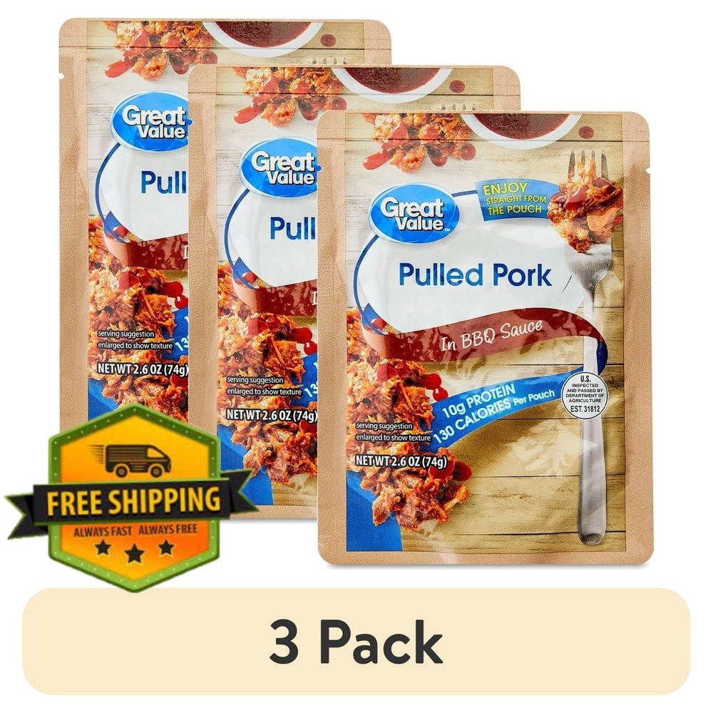 3-Pack Great Value Pulled Pork in BBQ Sauce, 2.6 oz Pouches