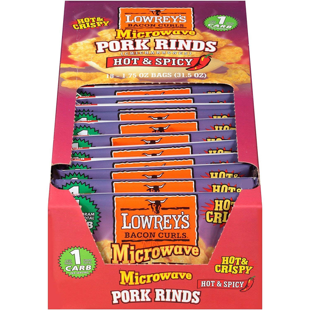 Lowrey’s Bacon Curls Microwave Pork Rinds (Chicharrones) Hot & Spicy, Pack of 18