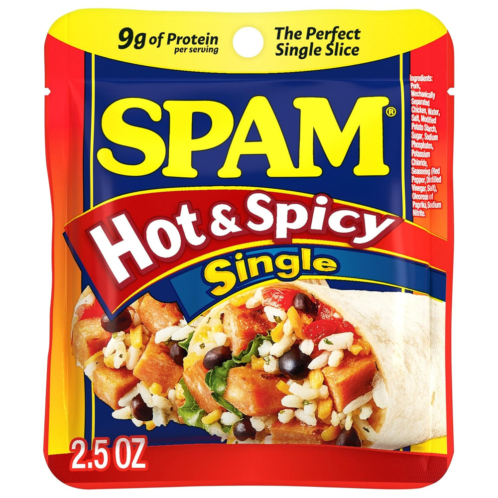 SPAM Hot & Spicy Single Pouches, Fully Cooked Pork with Ham, 2.5 oz, 12 Pack