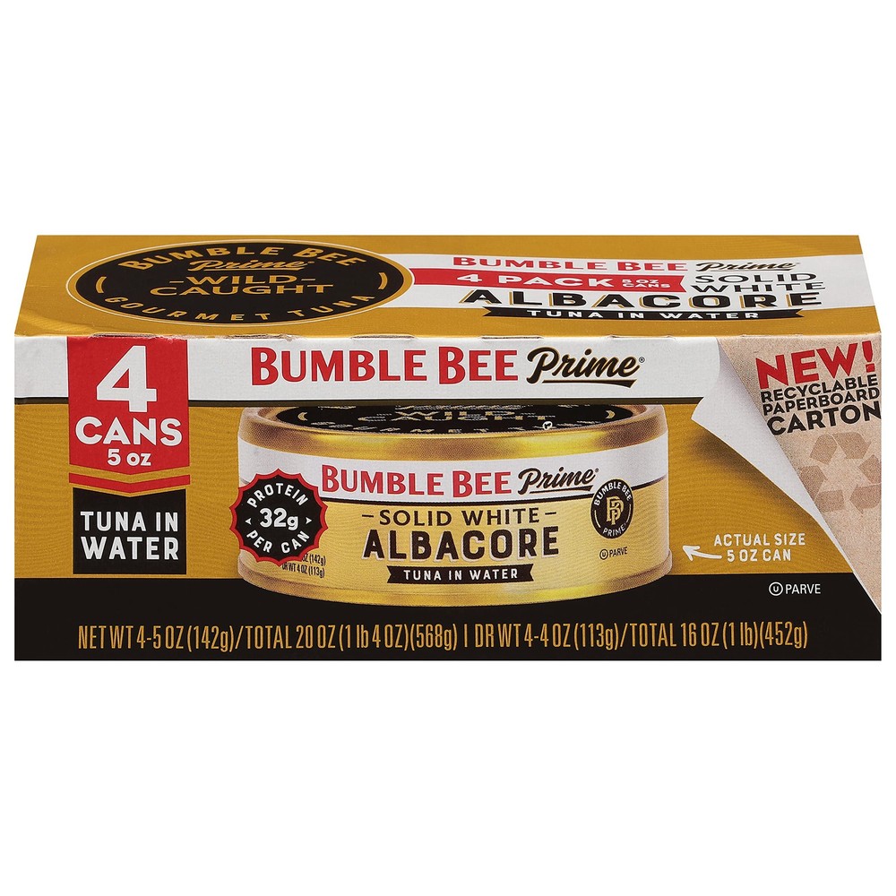 Bumble Bee Prime Solid White Albacore Tuna in Water, 5 oz Easy Open Cans 4Pack